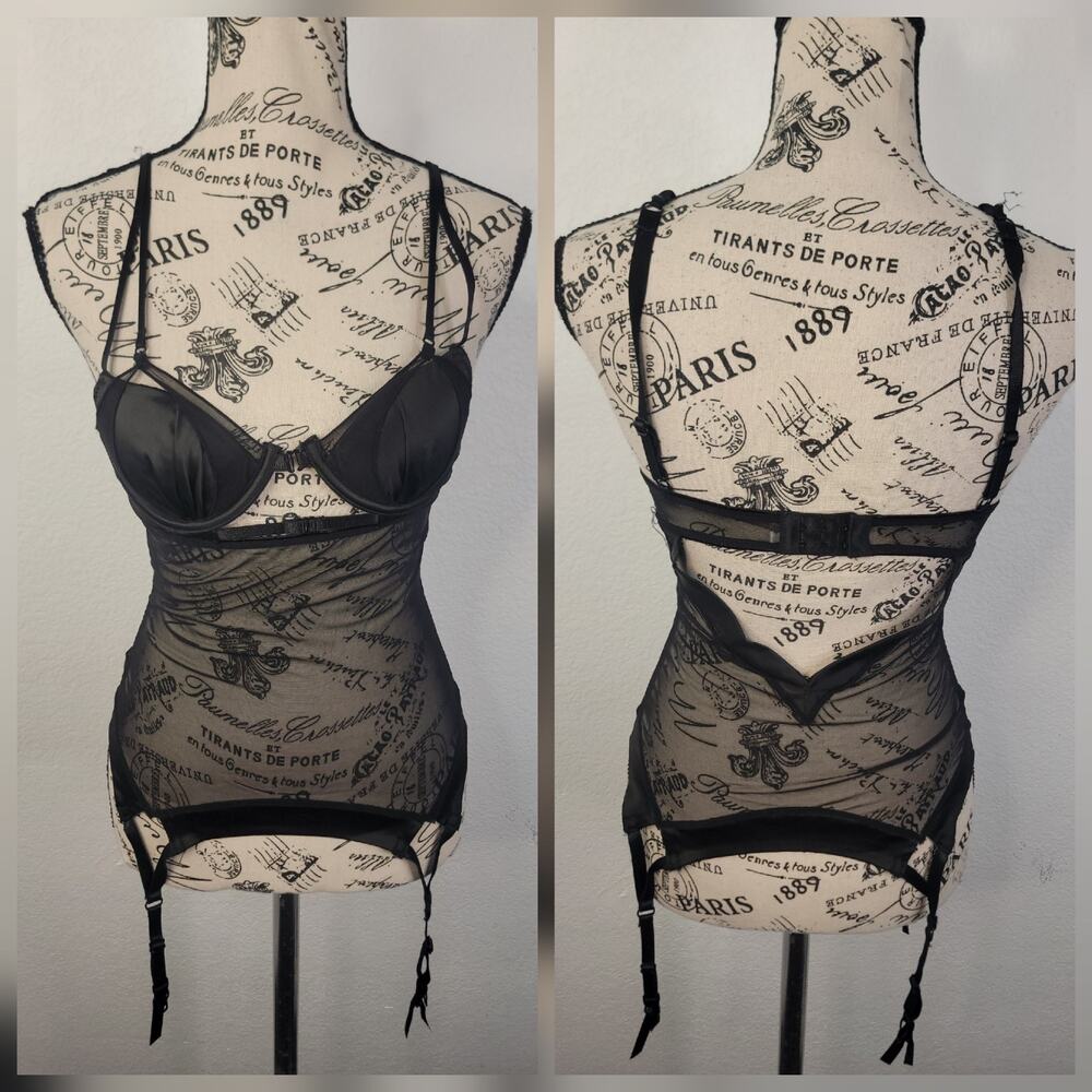 Oh La La Cheri Fairy Sheer Mesh Corset Bustier Top Garters SZ S V Back Black